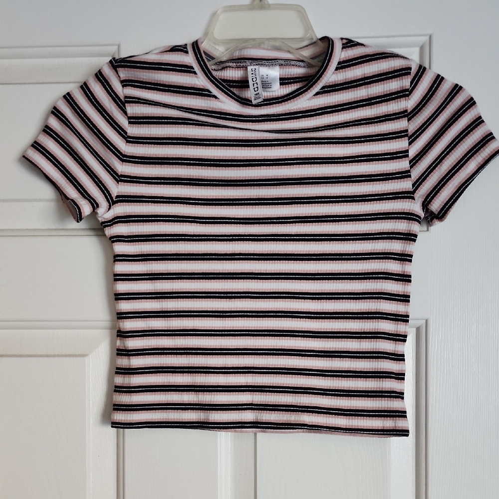 H&M Ribbed Top with Black and Pink Stripes